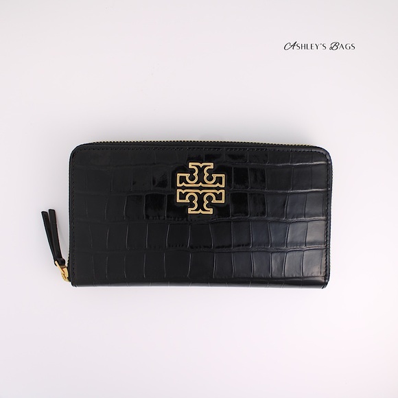 Tory Burch Britten Croc Embossed Large Continental Wallet & ID Case In Black - Picture 2 of 7